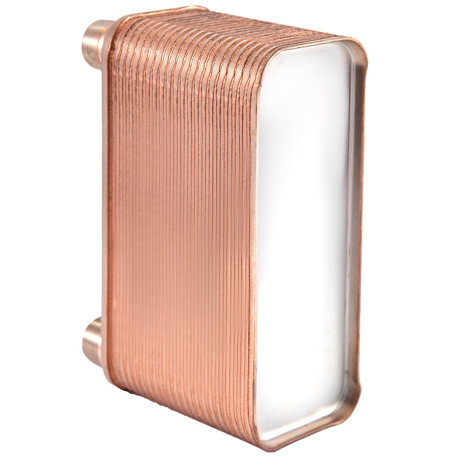 copper VEVOR heat exchanger with ribbed surface and connection ports.
