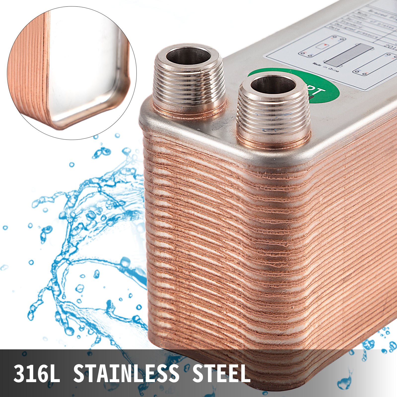 VEVOR Heat Exchanger 3\"x7.5\" 40 Plates Brazed Plate Heat Exchanger 316L 3/4\" MPT Heat Exchanger B3-12A Beer Wort Chiller for Hydronic Heating