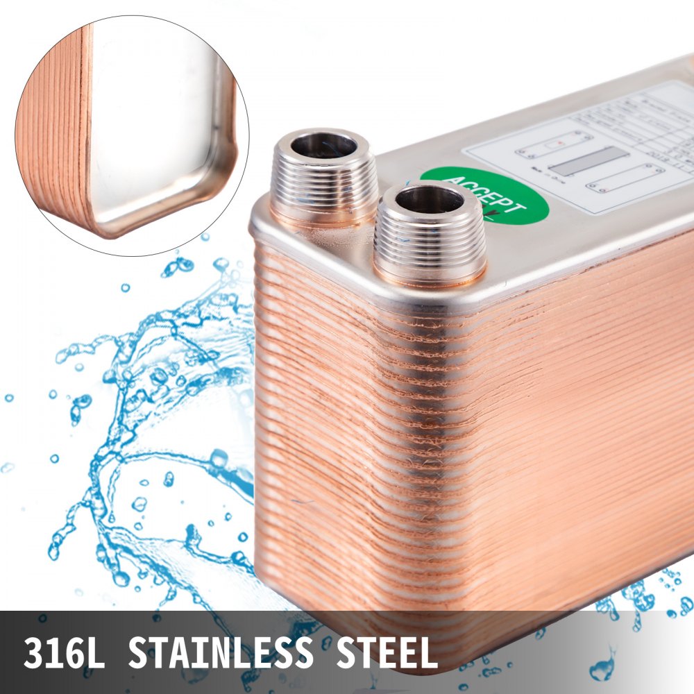 50 Plate Heat Exchanger w/ Brackets Brazed Plate 3/4" MNPT 316L for Heating