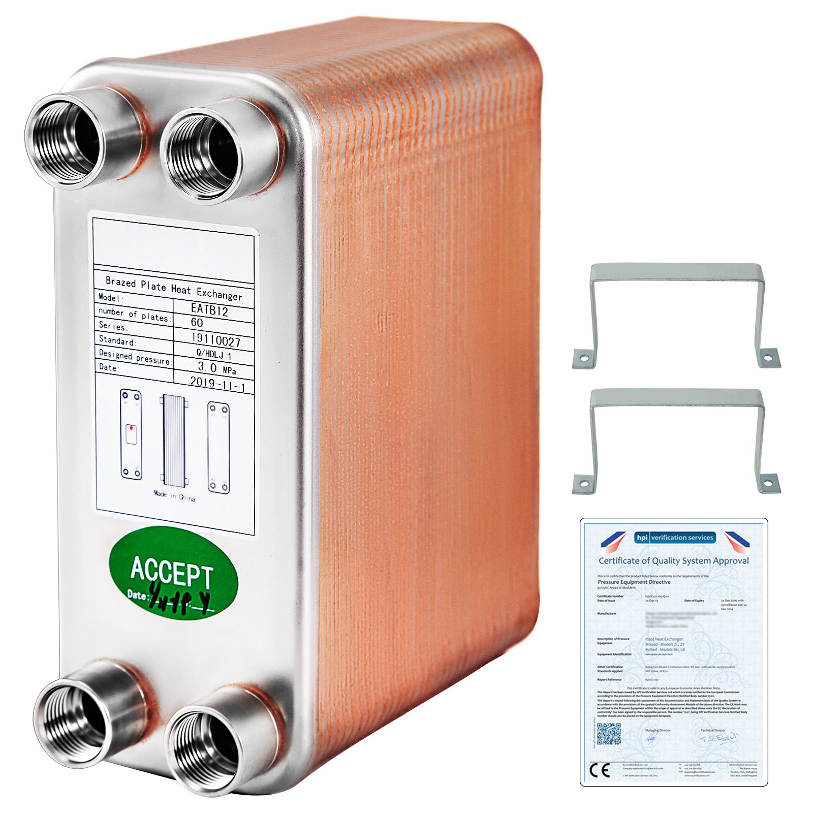 Sweiko Heat Exchanger 3"x7.5" 60 Plates Brazed Plate Heat Exchanger 316L 1/2" BSP FPT Heat Exchanger EATB12 Beer Wort Chiller for Hydronic Heating Sweiko Heat Exchanger 3"x7.5" 60 Plates Brazed Plate Heat Exchanger 316L 1/2" BSP FPT Heat Exchanger EATB12 Beer Wort Chiller for Hydronic Heating