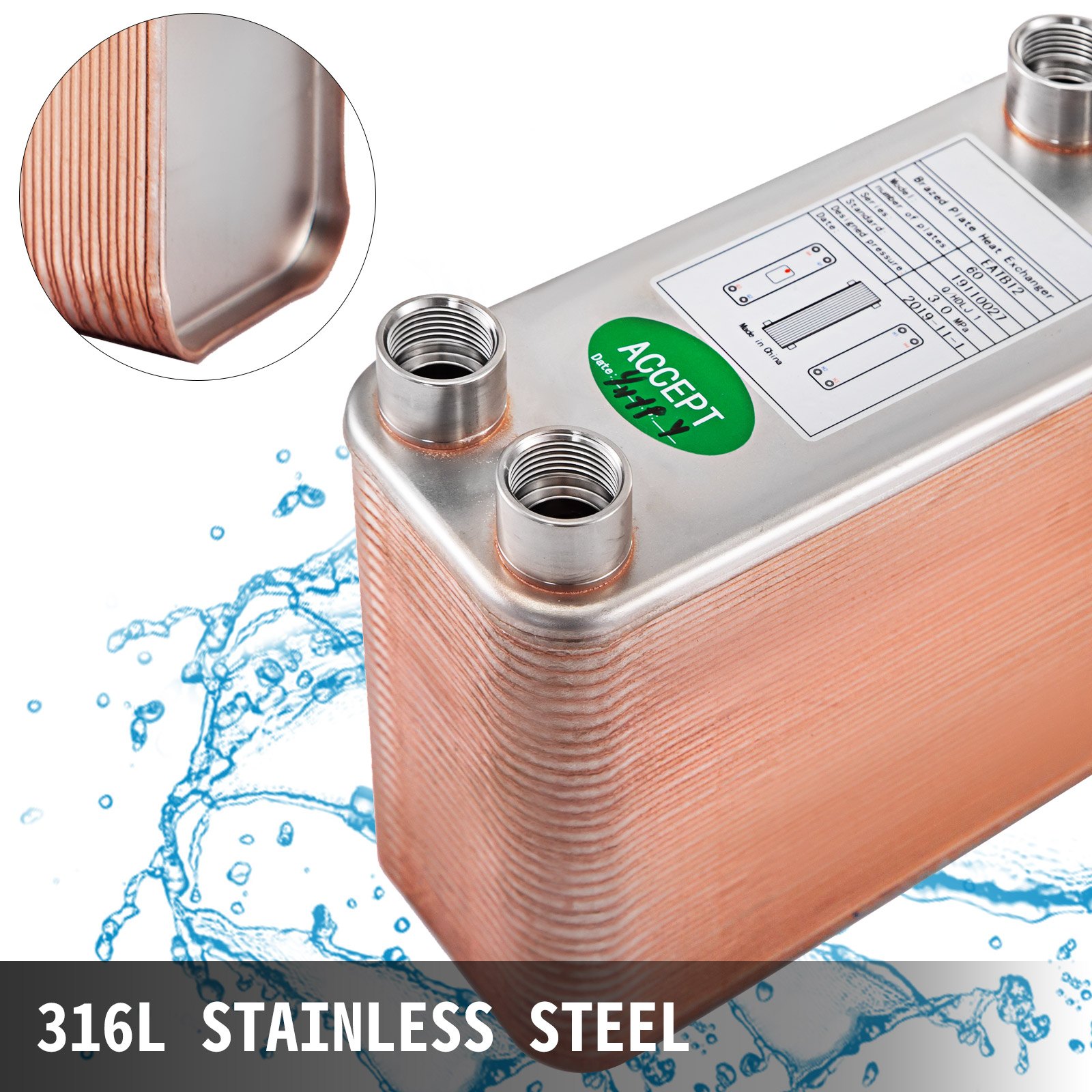 VEVOR Heat Exchanger Brazed Plate Heat Exchanger 1/2” BSP FPT Ports 60 Plate heat exchanger 60 plate exchanger Stainless Steel 316L flat plate heat exchanger for Hydronic Heating