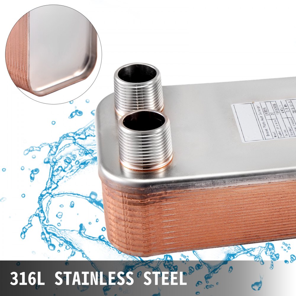 20 Plate Heat Exchanger w/Brackets Brazed Plate 1 1/4" MNPT 316L for Heating
