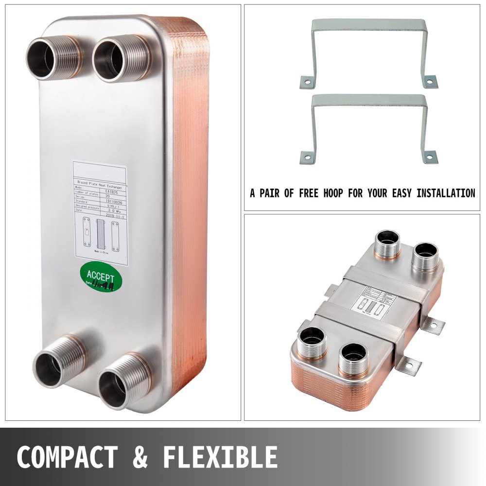 20 Plate Heat Exchanger w/Brackets Brazed Plate 1 1/4" MNPT 316L for Heating