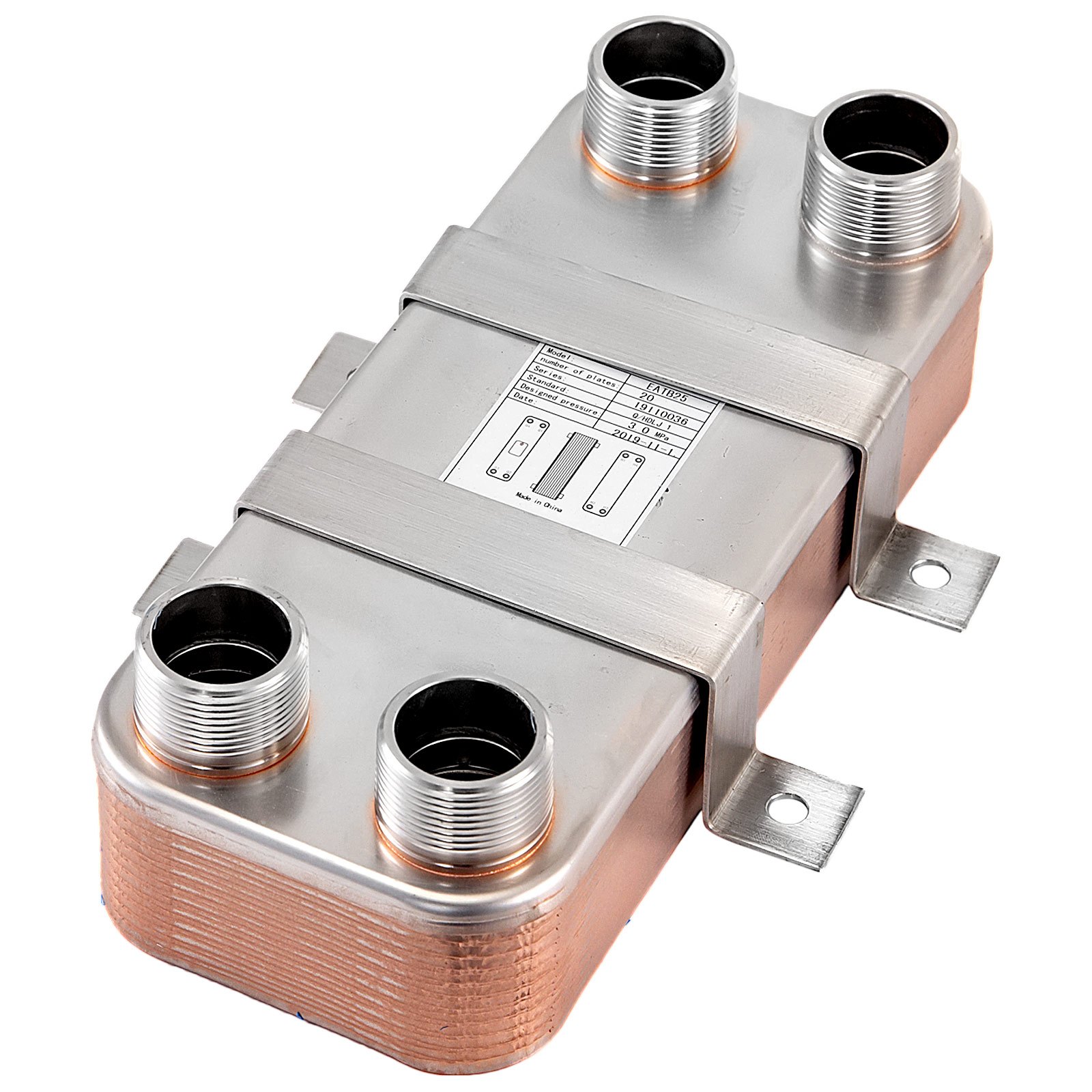 20 Plate Heat Exchanger w/Brackets Brazed Plate 1 1/4" MNPT 316L for Heating