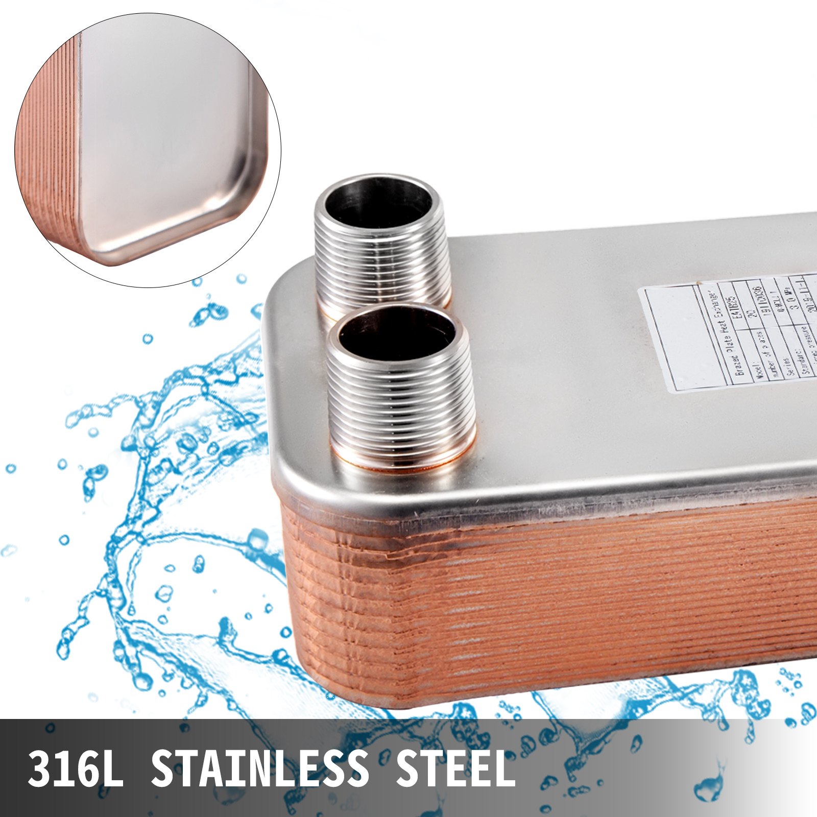 20 Plate Heat Exchanger w/Brackets Brazed Plate 1 1/4" MNPT 316L for Heating