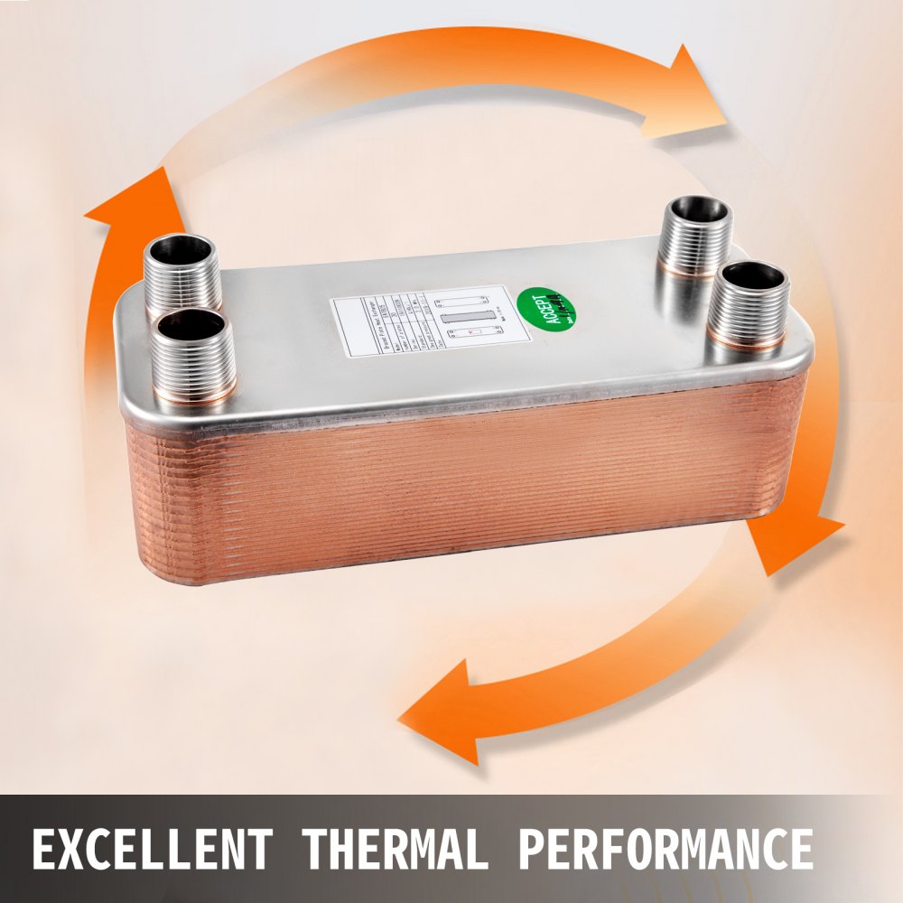 VEVOR 30 Plate Water to Water Brazed Heat Exchanger 1" MNPT Ports w/Brackets