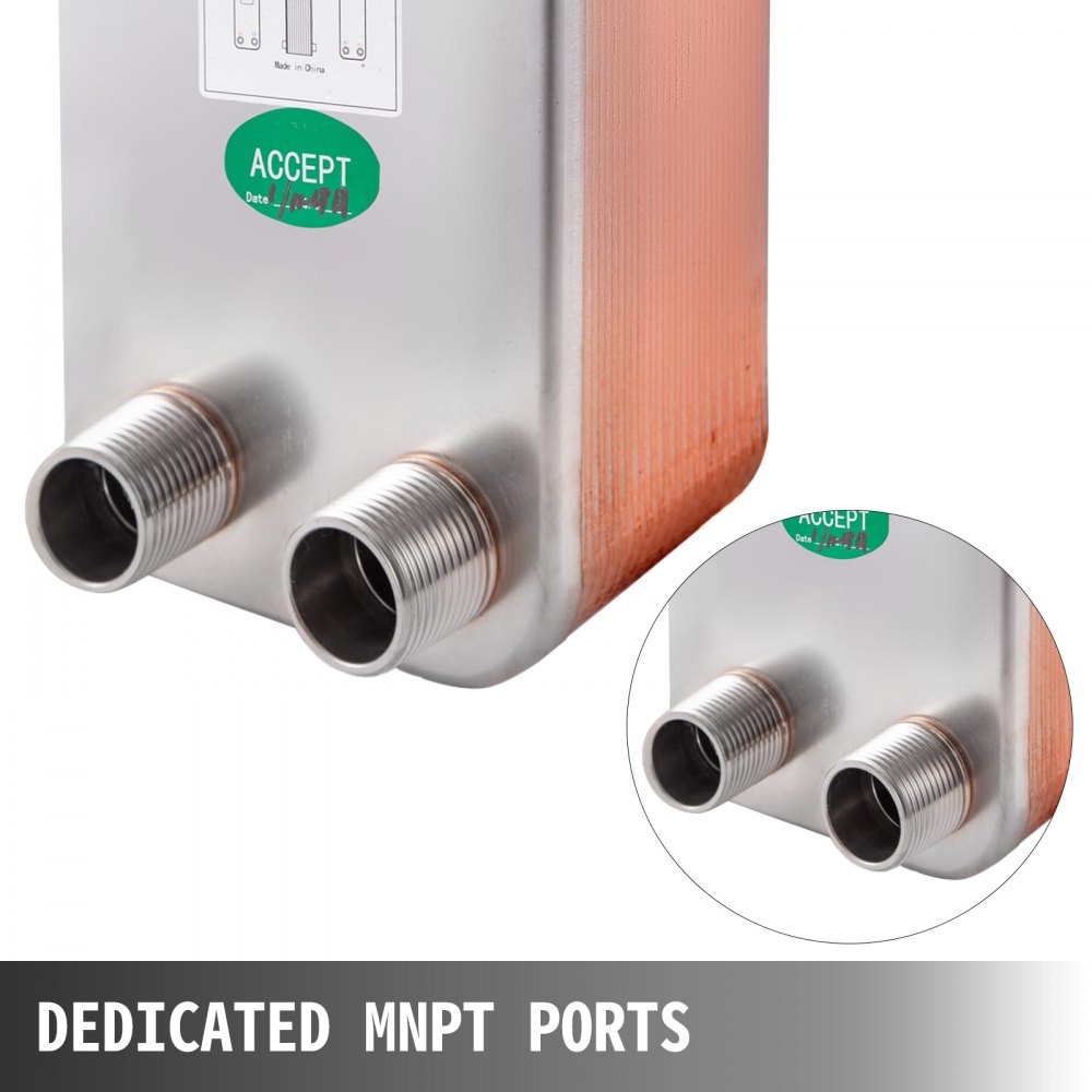 VEVOR 30 Plate Water to Water Brazed Heat Exchanger 1" MNPT Ports w/Brackets