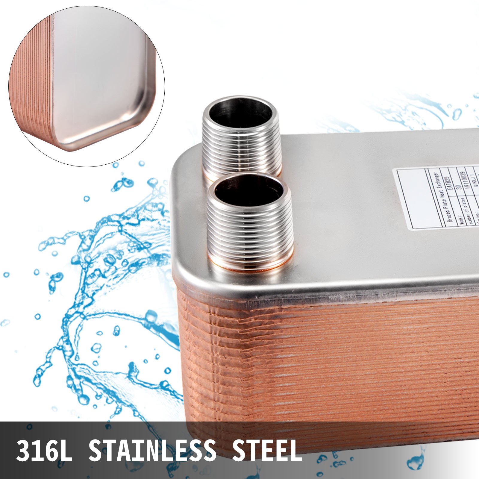 VEVOR 30 Plate Water to Water Brazed Heat Exchanger 1" MNPT Ports w/Brackets