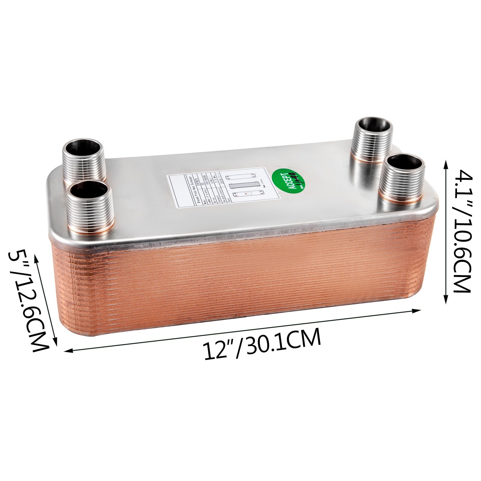 VEVOR 30 Plate Water to Water Brazed Heat Exchanger 1" MNPT Ports w/Brackets