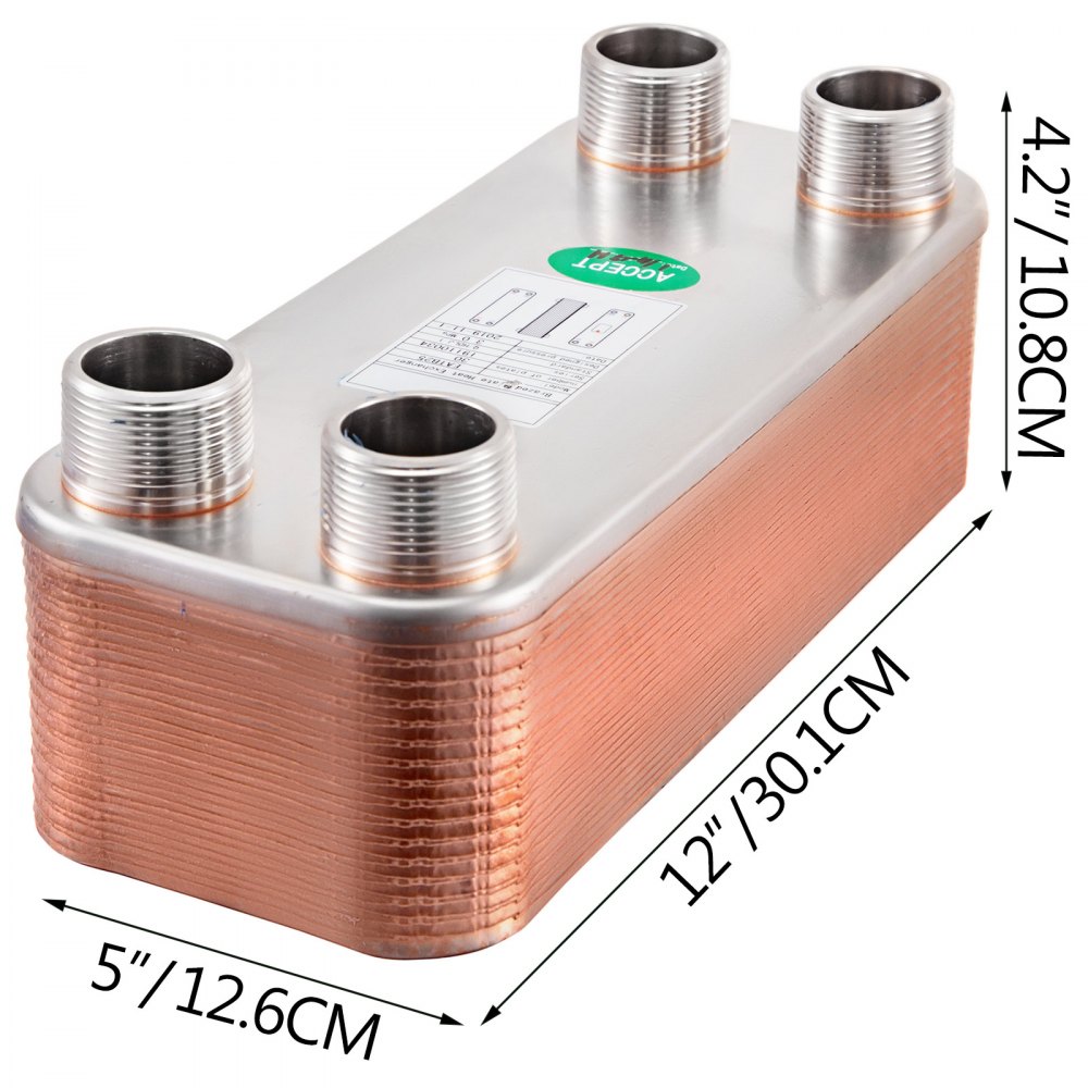 VEVOR 30 Plate Heat Exchanger W/Brackets 1 1/4" MNPT 316L Stainless Steel
