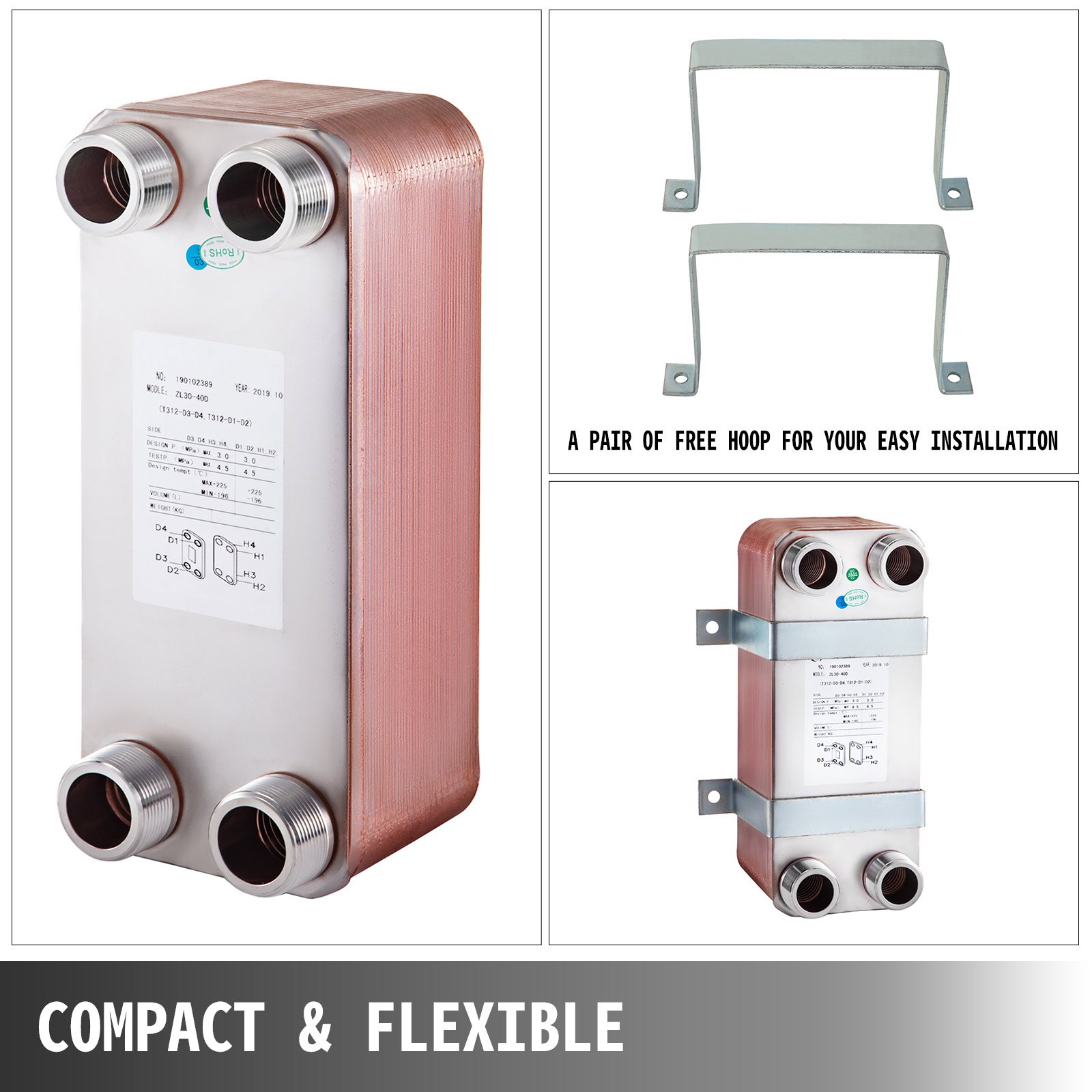 VEVOR 5"x12" Heat Exchanger Brazed Plate 40 Plate Heat Exchanger 1 1/4" MNPT