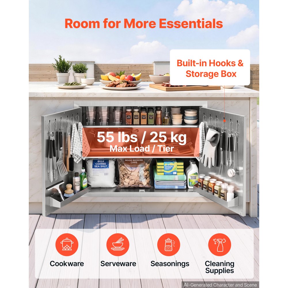 VEVOR Outdoor Kitchen Cabinet, 76 x 52 x 52 cm (WxHxD), 3-Tier Shelves, for BBQ Island Storage, Patio Bars and Grill Station, with Handle, Built-In BBQ Island Drawers Organize Cookware Accessories