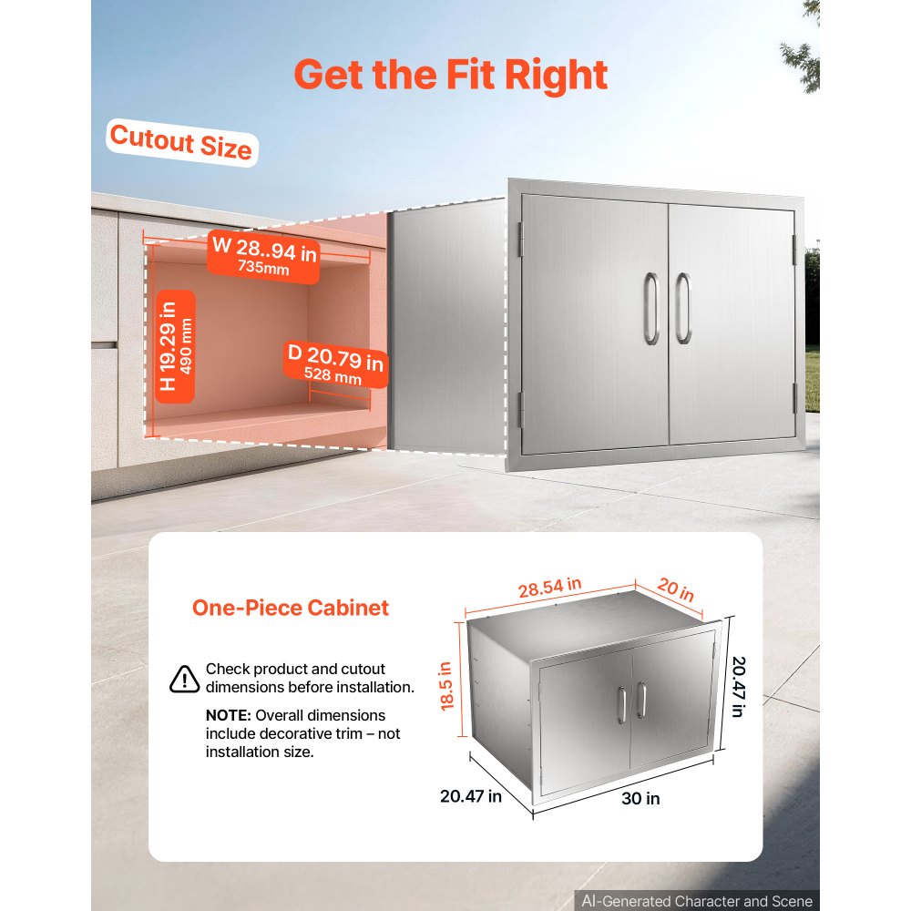 VEVOR Outdoor Kitchen Cabinet, 76 x 52 x 52 cm (WxHxD), 3-Tier Shelves, for BBQ Island Storage, Patio Bars and Grill Station, with Handle, Built-In BBQ Island Drawers Organize Cookware Accessories