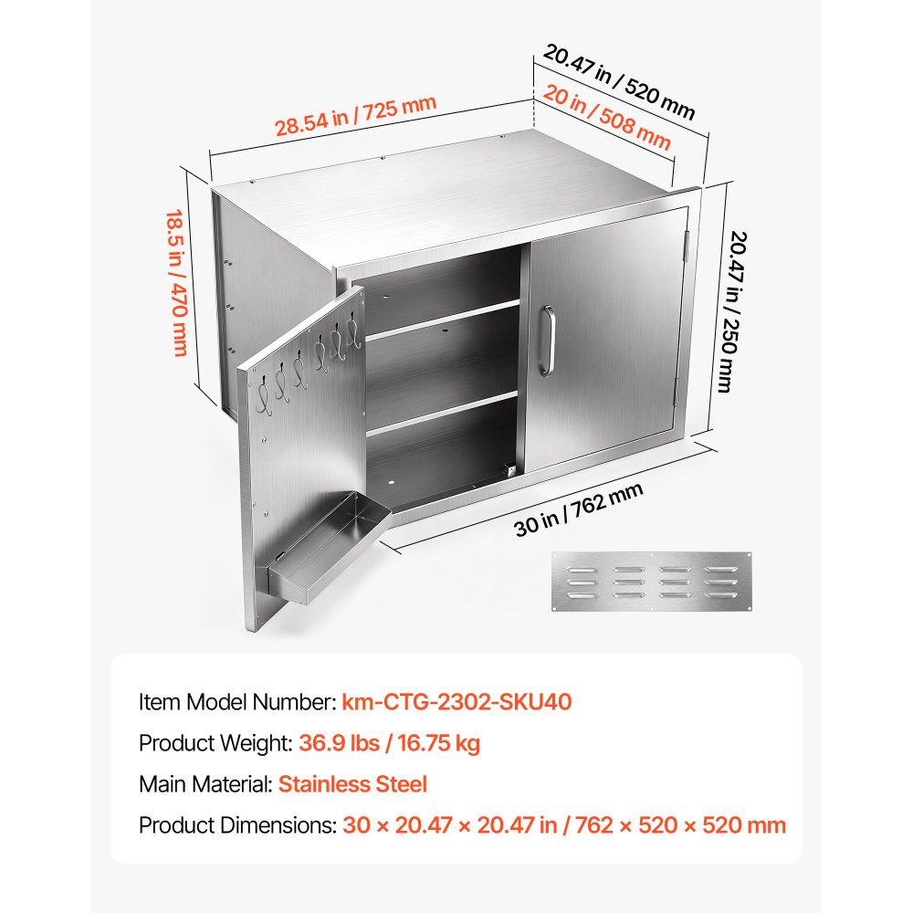 VEVOR Outdoor Kitchen Cabinet, 76 x 52 x 52 cm (WxHxD), 3-Tier Shelves, for BBQ Island Storage, Patio Bars and Grill Station, with Handle, Built-In BBQ Island Drawers Organize Cookware Accessories