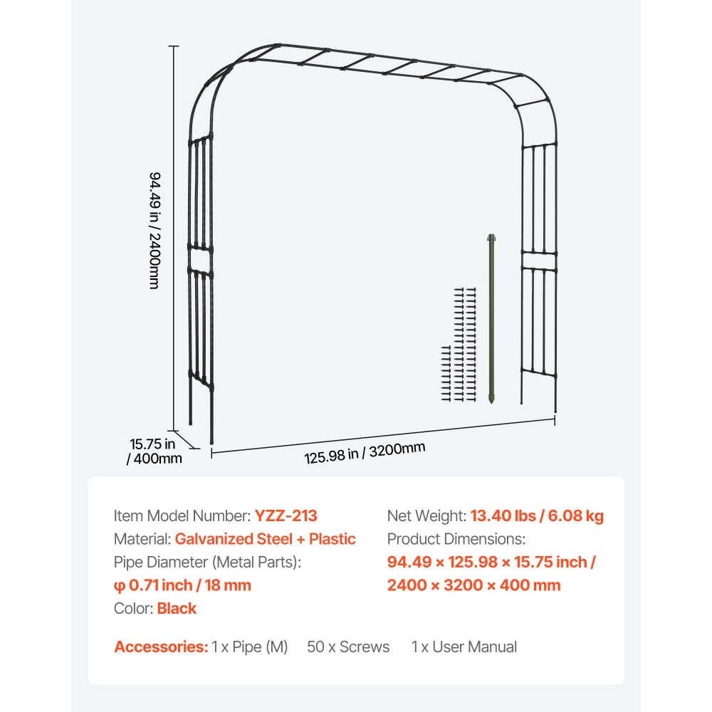 VEVOR Garden Arbor, 2.4 (H) x  3.2 (W) x 0.4 (D) m Metal Archway, Sturdy Outdoor Trellis Arch with Stakes, Easy to Assemble, Pergola Arbor for Plant Climbing Yard Lawn Wedding Party Decoration