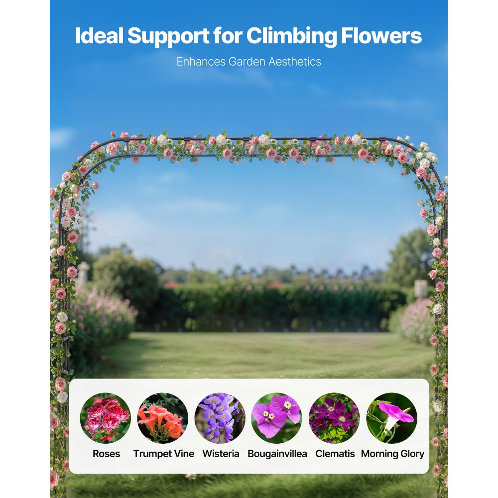 VEVOR Garden Arbor, 94.5 (H) x 126 (W) x 15.8 (D) in Metal Archway, Sturdy Outdoor Trellis Arch with Stakes, Easy to Assemble, Pergola Arbor for Plant Climbing Yard Lawn Wedding Party Decoration