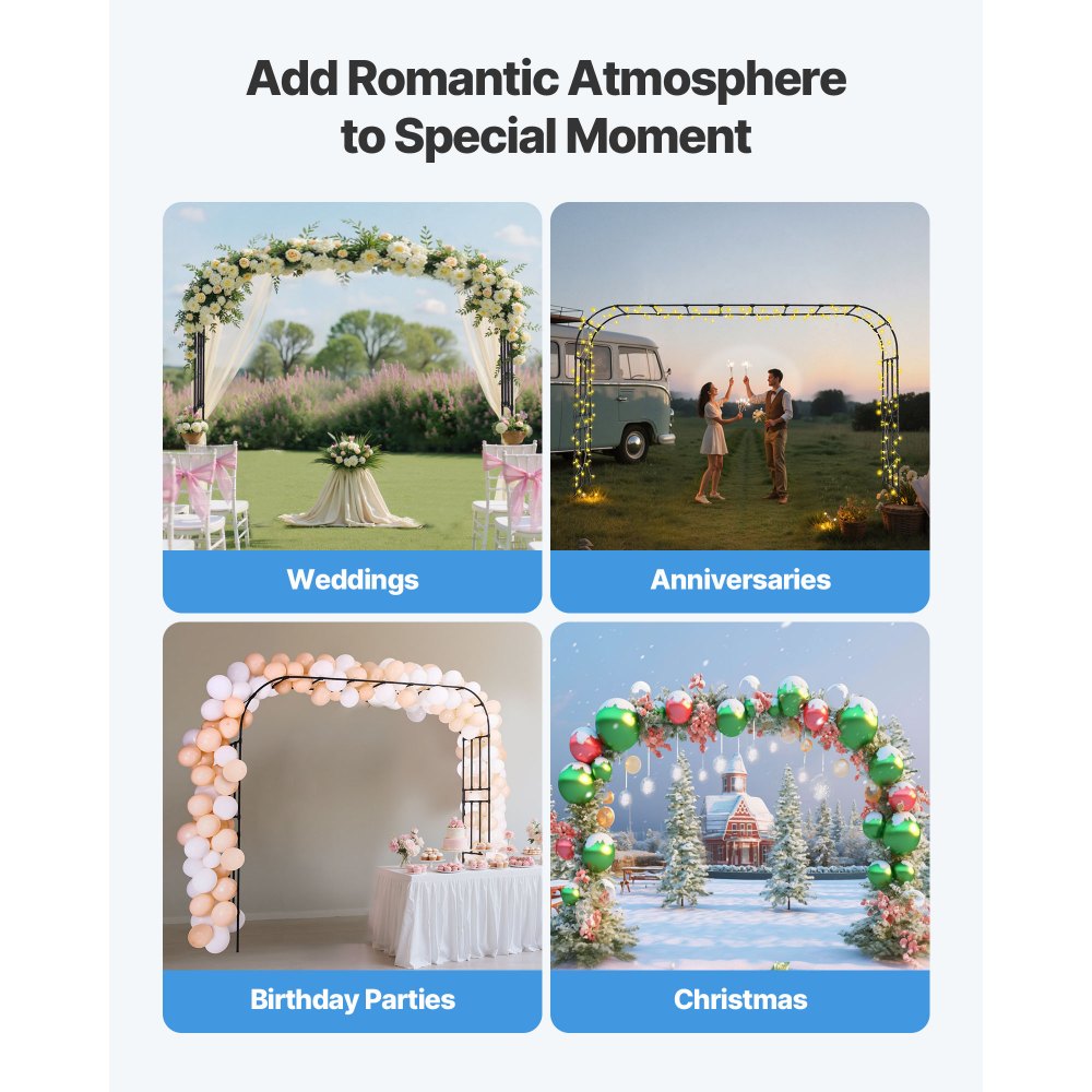 VEVOR Garden Arbor, 94.5 (H) x 126 (W) x 15.8 (D) in Metal Archway, Sturdy Outdoor Trellis Arch with Stakes, Easy to Assemble, Pergola Arbor for Plant Climbing Yard Lawn Wedding Party Decoration