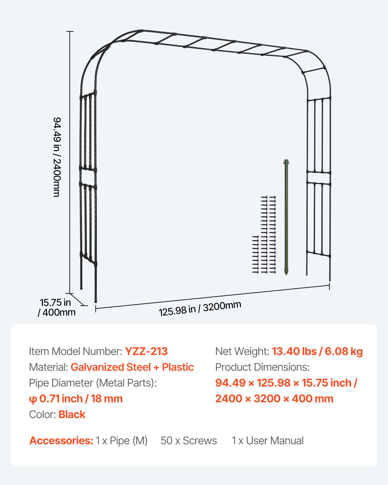 VEVOR Garden Arbor, 2.4 (H) x  3.2 (W) x 0.4 (D) m Metal Archway, Sturdy Outdoor Trellis Arch with Stakes, Easy to Assemble, Pergola Arbor for Plant Climbing Yard Lawn Wedding Party Decoration