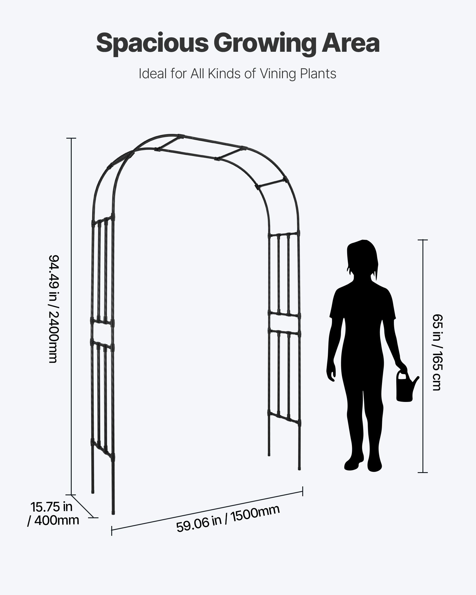 VEVOR Garden Arbor, 94.5 (H) x 59 (W) x 15.8 (D) in Metal Archway, Sturdy Outdoor Trellis Arch with Stakes, Easy to Assemble, Pergola Arbor for Plant Climbing Yard Lawn Wedding Party Decoration