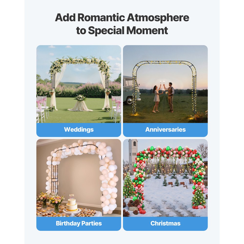 VEVOR Garden Arbor, 2.4 (H) x  2.5 (W) x 0.4 (D) m Metal Archway, Sturdy Outdoor Trellis Arch with Stakes, Easy to Assemble, Pergola Arbor for Plant Climbing Yard Lawn Wedding Party Decoration