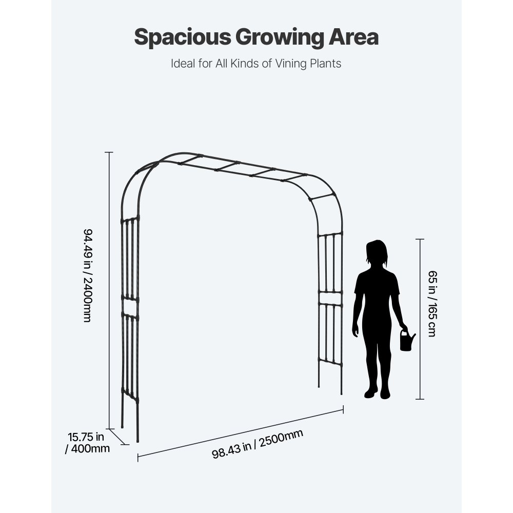 VEVOR Garden Arbor, 94.5 (H) x 98.5 (W) x 15.8 (D) in Metal Archway, Sturdy Outdoor Trellis Arch with Stakes, Easy to Assemble, Pergola Arbor for Plant Climbing Yard Lawn Wedding Party Decoration