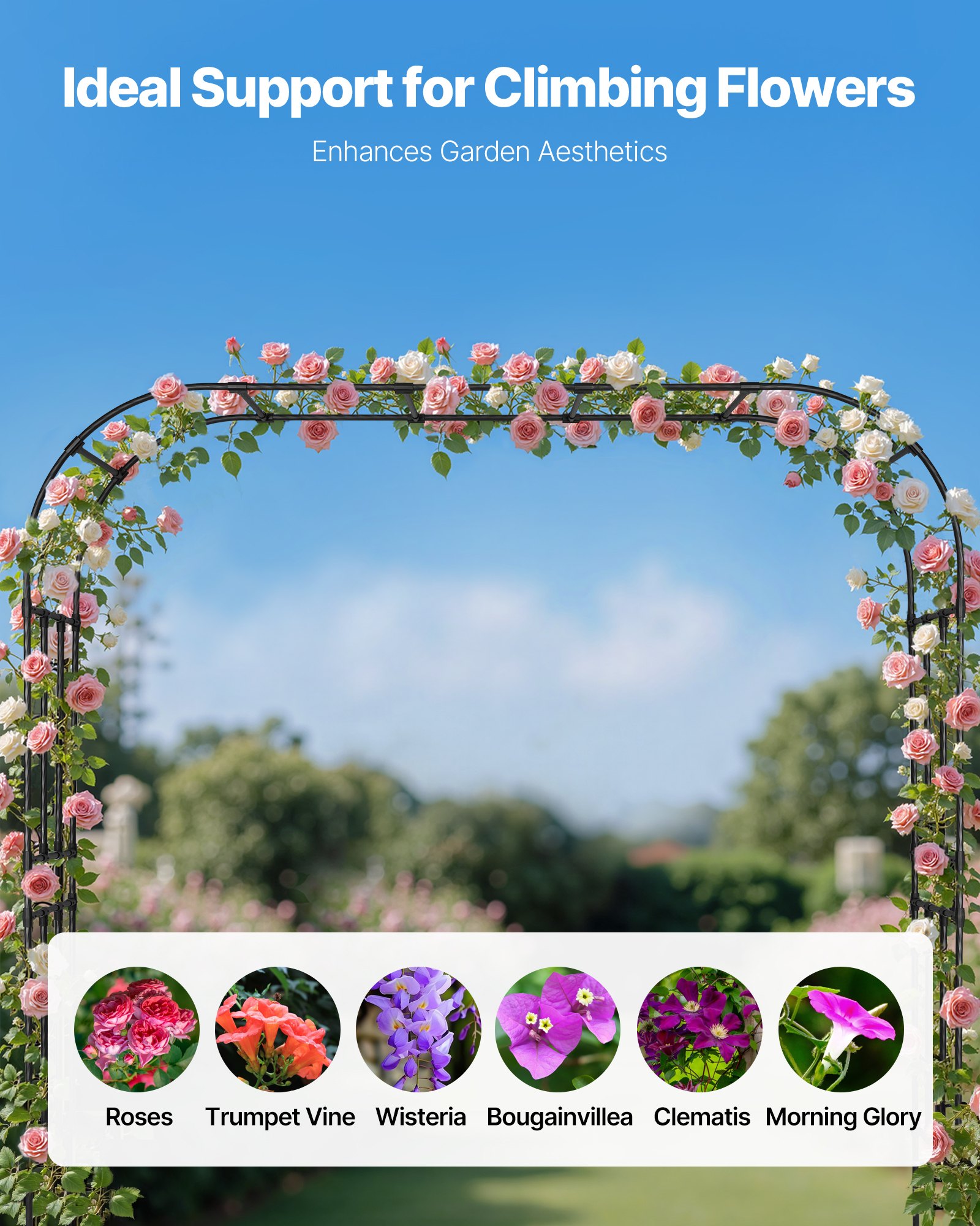 VEVOR Garden Arbor, 2.4 (H) x  2.5 (W) x 0.4 (D) m Metal Archway, Sturdy Outdoor Trellis Arch with Stakes, Easy to Assemble, Pergola Arbor for Plant Climbing Yard Lawn Wedding Party Decoration