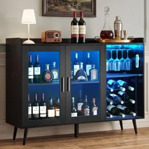 VEVOR Wine Cabinet, Coffee Bar Cabinet with 9 Wine Bottle Racks, Modern  Buffet Sideboard with Glass Holder, Adjustable LED Brightness, for Home  Kitchen, Living Room, Dining Room, Black Wood Grain | VEVOR US
