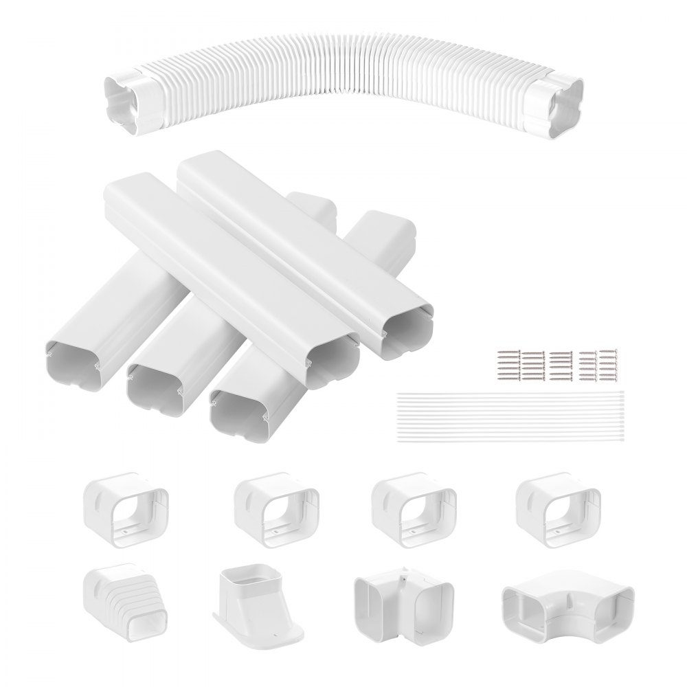 VEVOR Mini Split Line Set Cover 76.2mm W 3110mm L, PVC Decorative Pipe Line Cover For Air Conditioner with 5 Straight Ducts & Full Components Easy to Install, Paintable for Heat Pumps, White