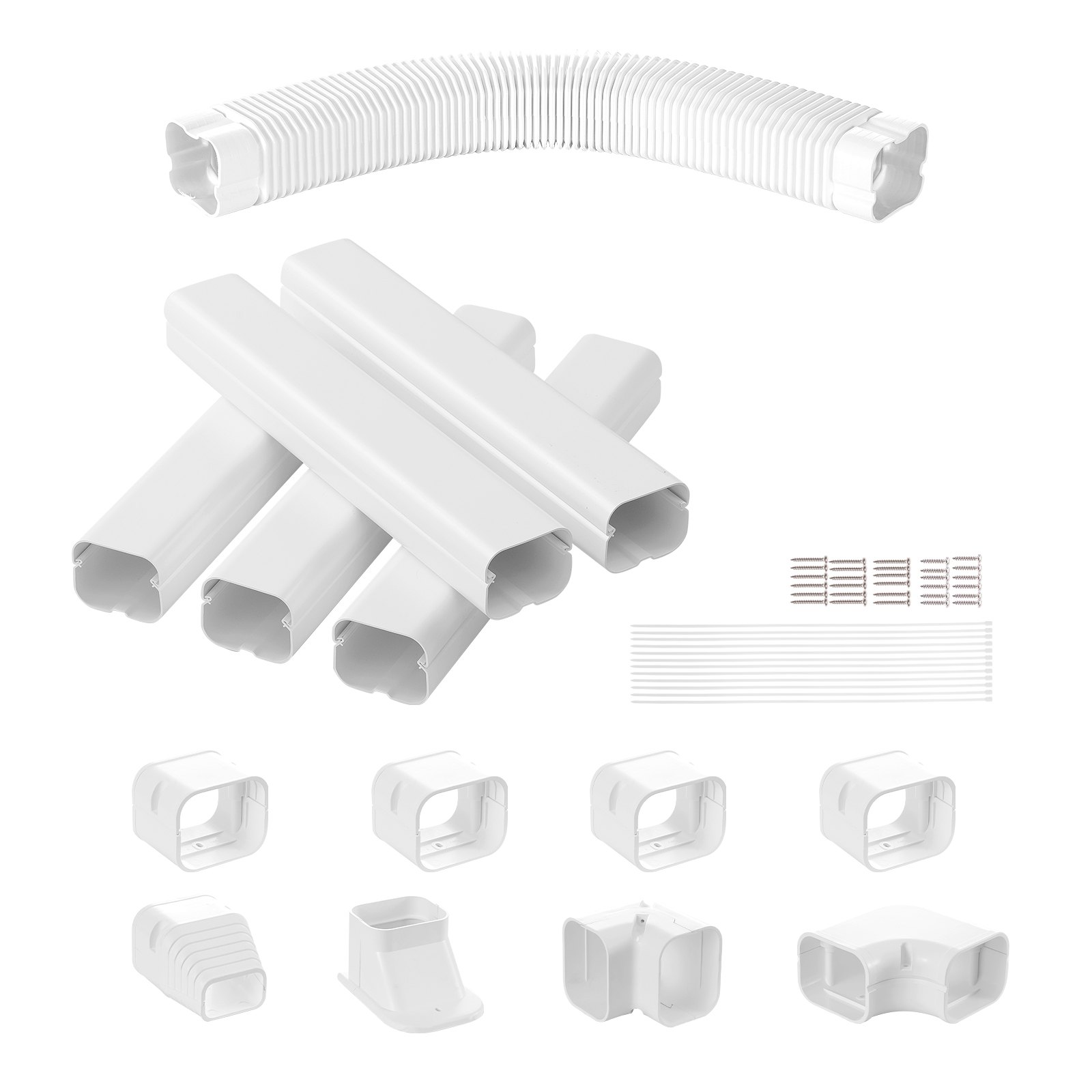 VEVOR Mini Split Line Set Cover 76.2mm W 3110mm L, PVC Decorative Pipe Line Cover For Air Conditioner with 5 Straight Ducts & Full Components Easy to Install, Paintable for Heat Pumps, White