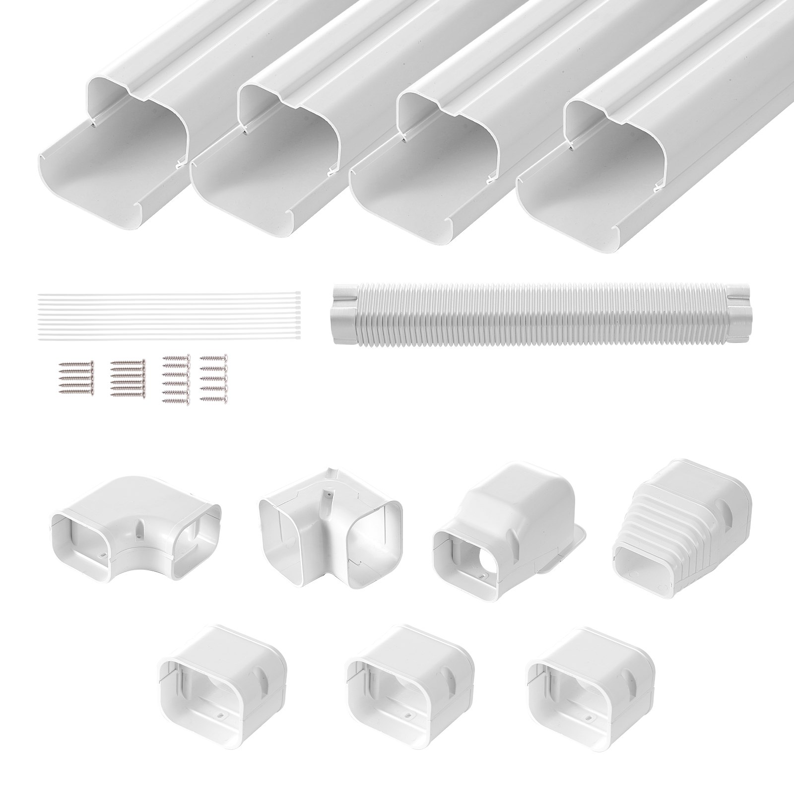 VEVOR Mini Split Line Set Cover 76.2mm W 4830mm L, PVC Decorative Pipe Line Cover For Air Conditioner with 4 Straight Ducts & Full Components Easy to Install, Paintable for Heat Pumps, White