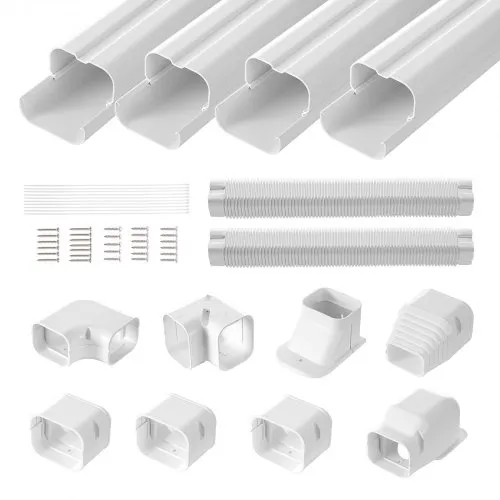 VEVOR Mini Split Line Set Cover 76.2mm W 5350mm L, PVC Decorative Pipe Line Cover For Air Conditioner with 4 Straight Ducts & Full Components Easy to Install, Paintable for Heat Pumps, White