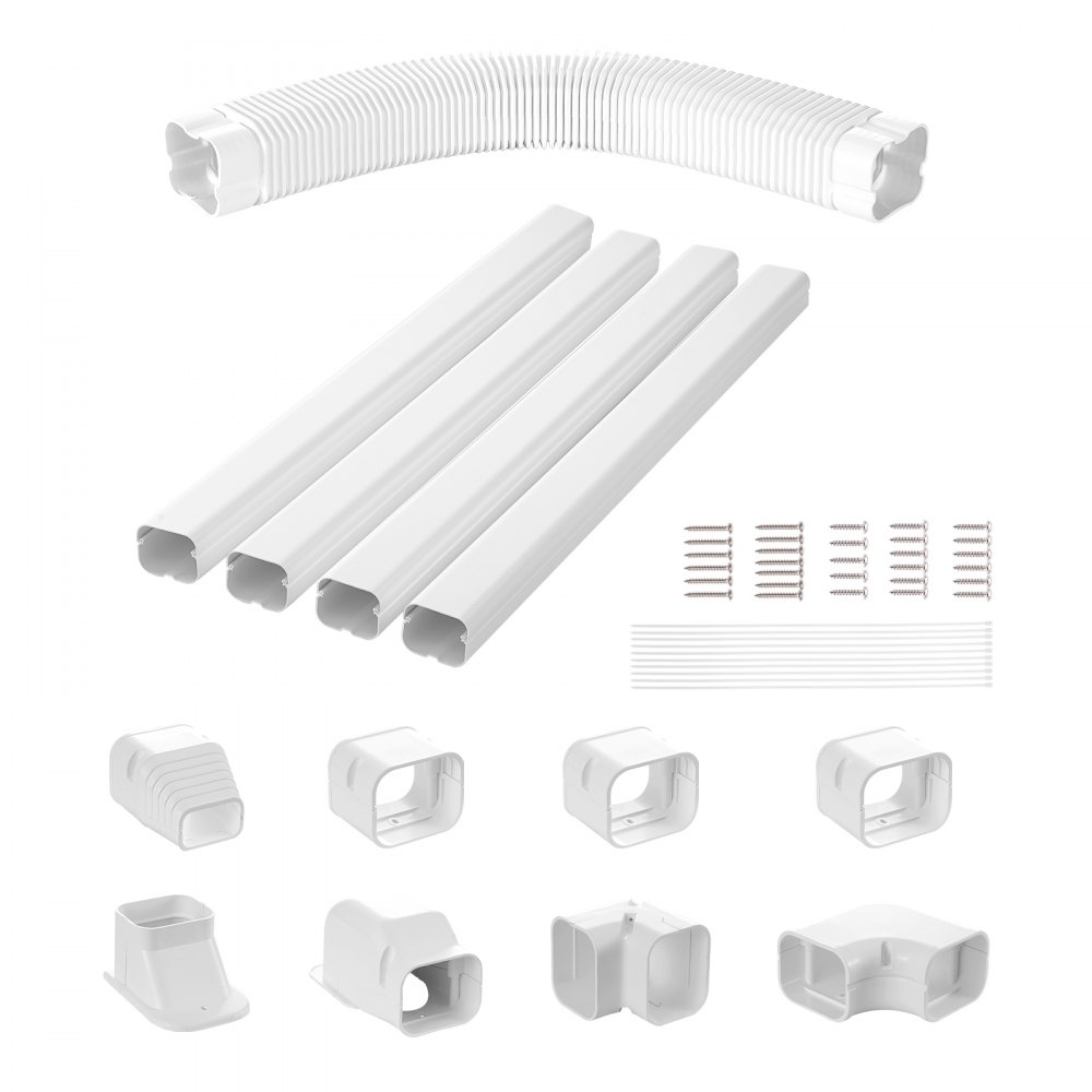 VEVOR Mini Split Line Set Cover 76.2mm W 5350mm L, PVC Decorative Pipe Line Cover For Air Conditioner with 4 Straight Ducts & Full Components Easy to Install, Paintable for Heat Pumps, White