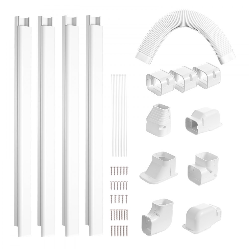 VEVOR Mini Split Line Set Cover 76.2mm W 5350mm L, PVC Decorative Pipe Line Cover For Air Conditioner with 4 Straight Ducts & Full Components Easy to Install, Paintable for Heat Pumps, White