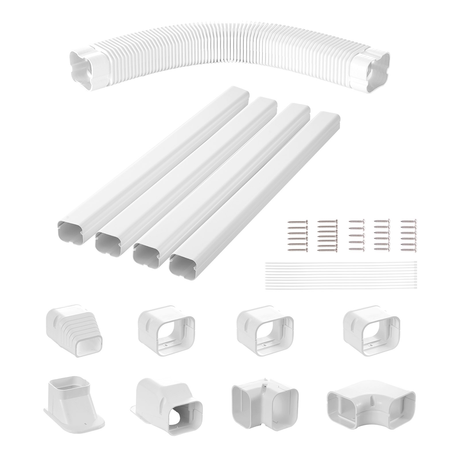 VEVOR Mini Split Line Set Cover 76.2mm W 5350mm L, PVC Decorative Pipe Line Cover For Air Conditioner with 4 Straight Ducts & Full Components Easy to Install, Paintable for Heat Pumps, White