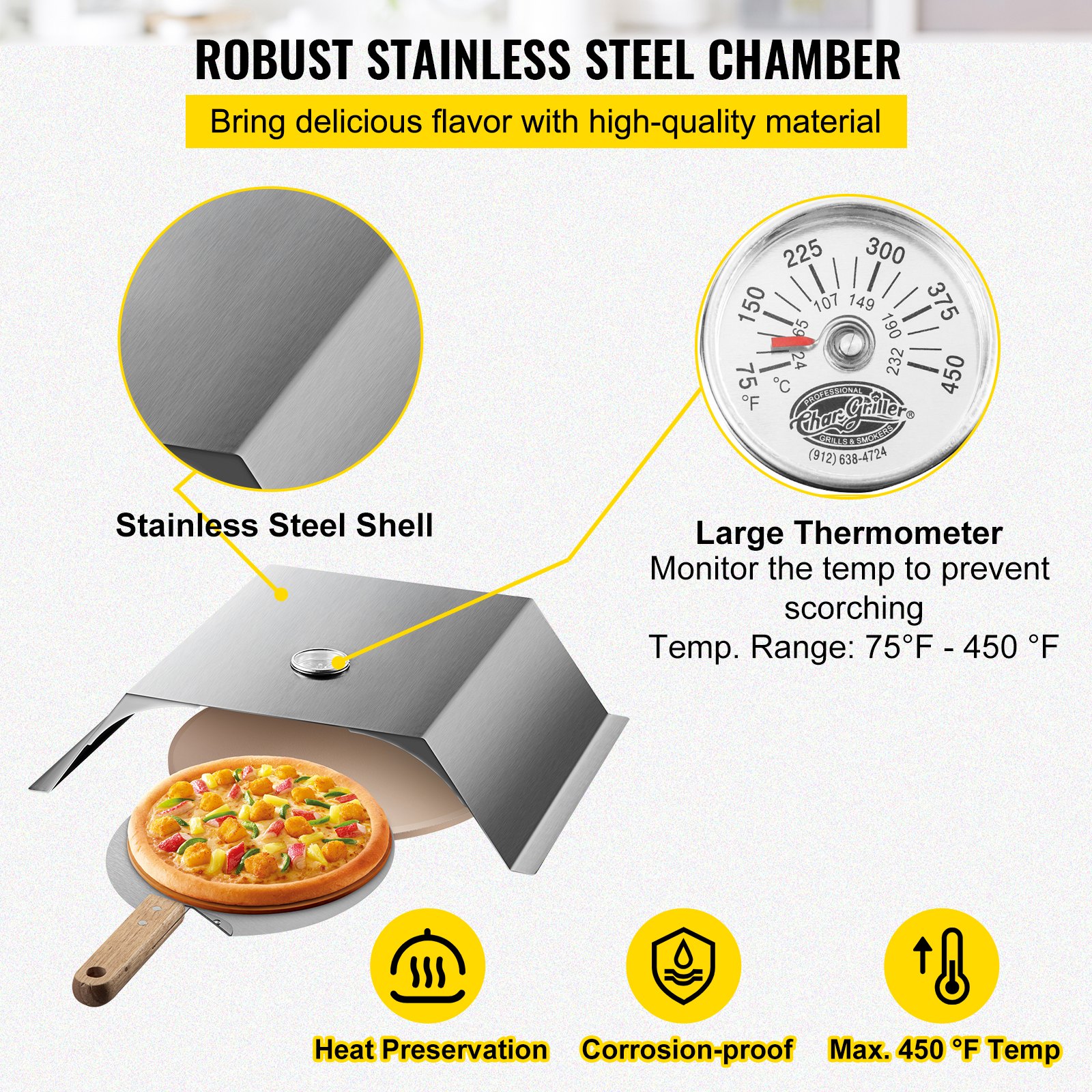 VEVOR Pizza Oven Kit, Stainless Steel Grill Pizza Oven, Pizza Maker Kit for Most 22" Charcoal Grilll, Grill Pizza Oven Kit Including Pizza Chamber, 13" Round Pizza Stone, 10 x 11.8 inch Pizza Peel