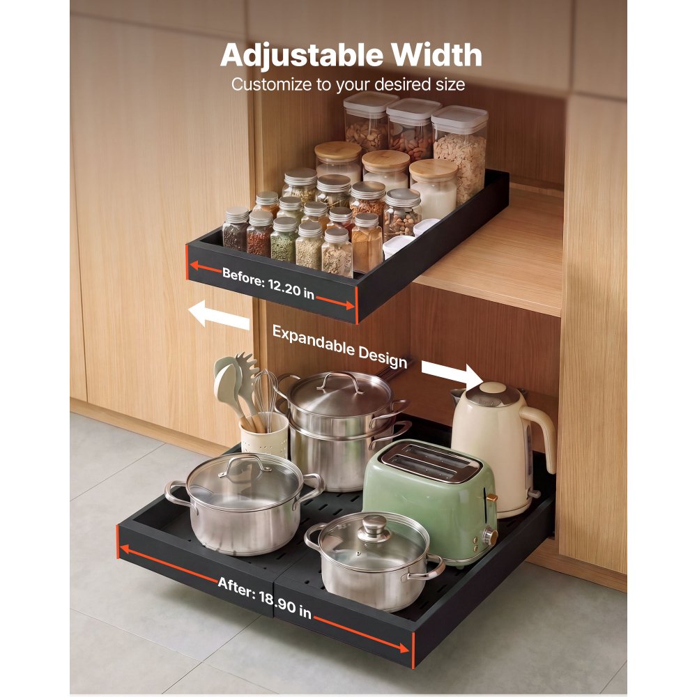 VEVOR Pull Out Cabinet Organizer, 2 Pack Expandable Width (12.2"-18.9"), 20.47" Deep Pull Out Drawers for Cabinets, Sliding Drawer for Kitchen Pantry Cabinet Organizer with Nano Adhesive Strips, Black