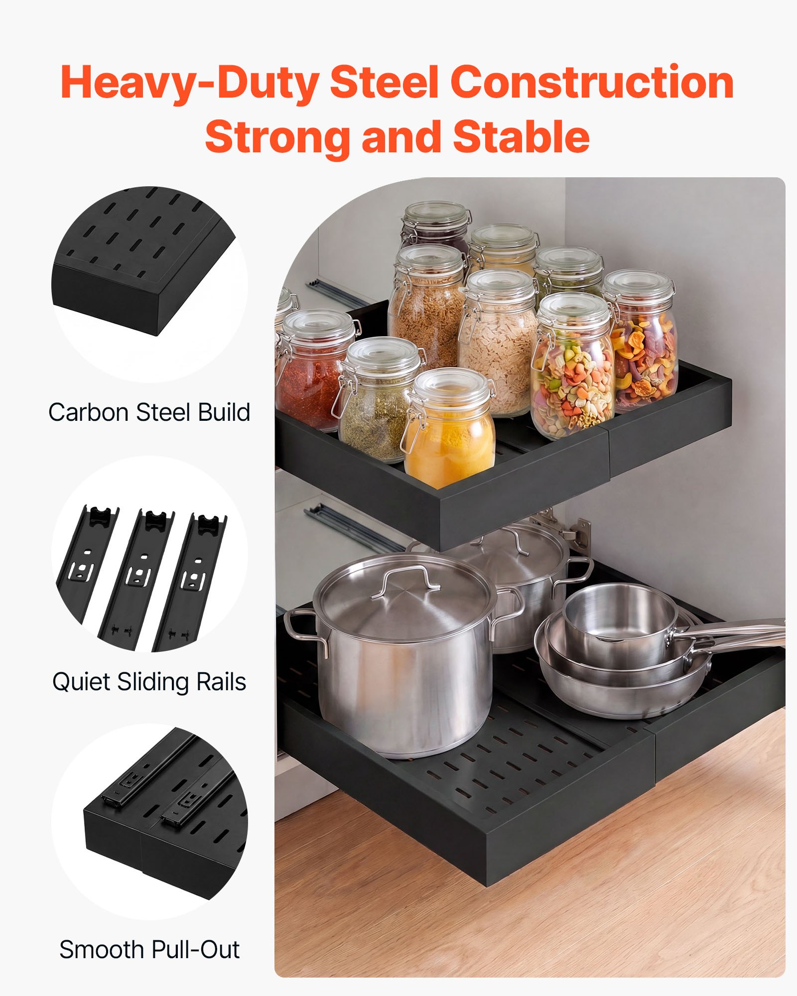VEVOR Pull Out Cabinet Organizer, 2 Pack Expandable Width (12.2"-18.9"), 20.47" Deep Pull Out Drawers for Cabinets, Sliding Drawer for Kitchen Pantry Cabinet Organizer with Nano Adhesive Strips, Black