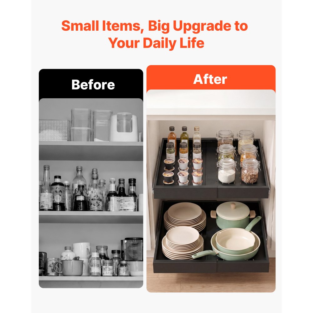 VEVOR Pull Out Cabinet Organizer, 4 Pack Expandable Width (12.2"-18.9"), 20.47" Deep Pull Out Drawers for Cabinets, Sliding Drawer for Kitchen Pantry Cabinet Organizer with Nano Adhesive Strips, Black