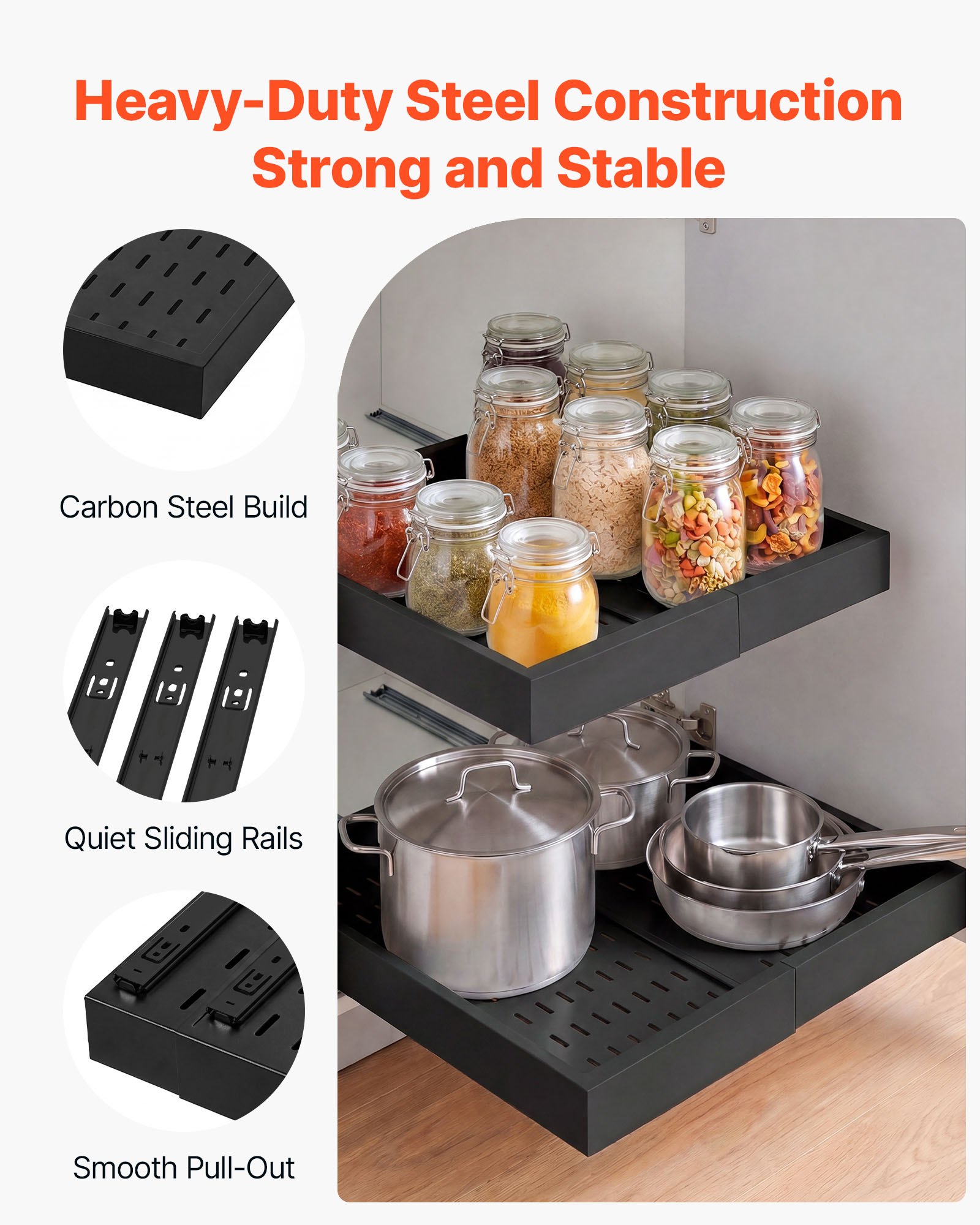 VEVOR Pull Out Cabinet Organizer, 4 Pack Expandable Width (12.2"-18.9"), 20.47" Deep Pull Out Drawers for Cabinets, Sliding Drawer for Kitchen Pantry Cabinet Organizer with Nano Adhesive Strips, Black