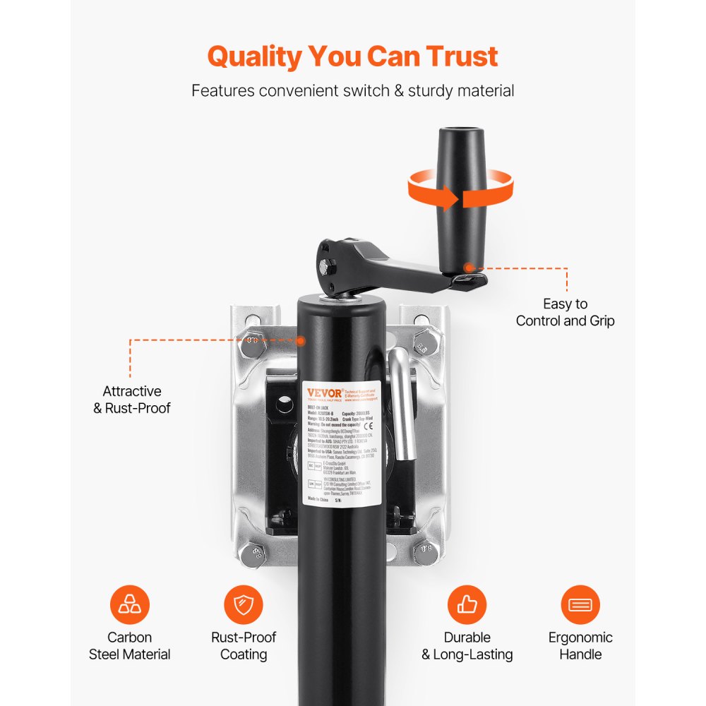 VEVOR Trailer Jack, 2000 lbs Dynamic Load Capacity, Heavy Duty Swivel Bolt-on Trailer Jack, 10" Lift Trailer Jack Stand with Handle for RV Trailer, Horse Trailer, Utility Trailer, and Yacht Trailer