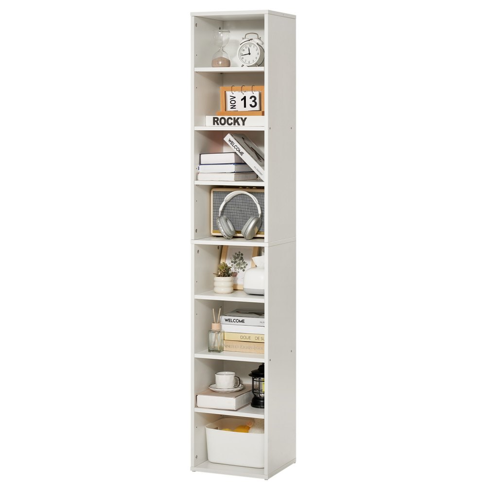 8 Tiers Narrow Bookshelf 71" Wooden Open Bookcase Adjustable Shelf White