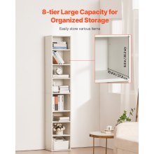 VEVOR 8 Tiers Narrow Bookshelf 71" Wooden Open Bookcase Adjustable Shelf White