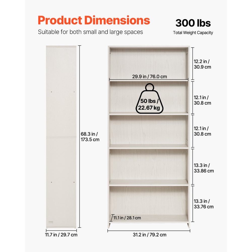 VEVOR 5 Tiers Wide Bookshelf, 173.5 cm Wooden Open Bookcase with Display Storage Organizer Shelf, Freestanding Tall Display Floor Bookcase Bookshelf for Library, Bedroom, Living Room, Office, White