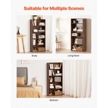VEVOR 5 Tiers Narrow Bookshelf 53" Wooden Open Bookcase Adjustable Shelf Brown