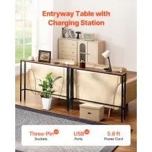 VEVOR Narrow Console Table, 2 Pack Behind Couch Shelf with Power Outlets, 1-Tier Long Entryway Shelf, Narrow Sofa Table with Metal Frame and Charge Station, for Entryway, Hallway, Living Room
