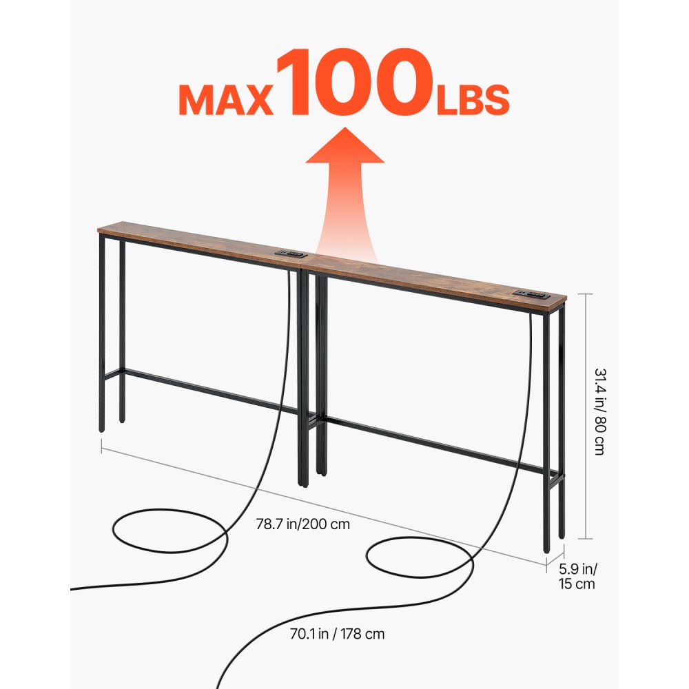 VEVOR Narrow Console Sofa Table, 2 Pieces Behind Couch Table with Power Outlets, 1-Tier Long Entryway Table, Narrow Sofa Table with Metal Frame and Charge Station, for Entryway, Hallway, Living Room