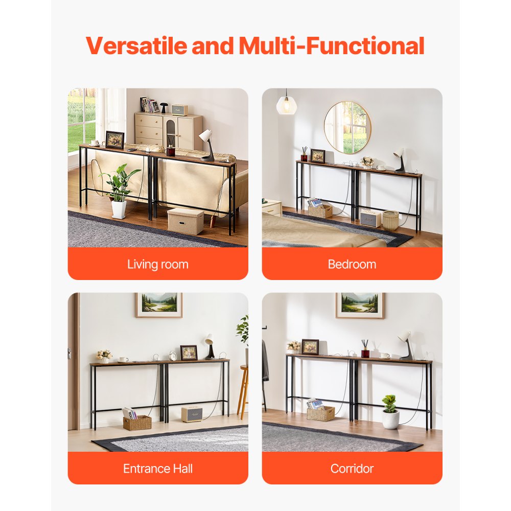 VEVOR Narrow Console Sofa Table, 2 Pieces Behind Couch Table with Power Outlets, 1-Tier Long Entryway Table, Narrow Sofa Table with Metal Frame and Charge Station, for Entryway, Hallway, Living Room