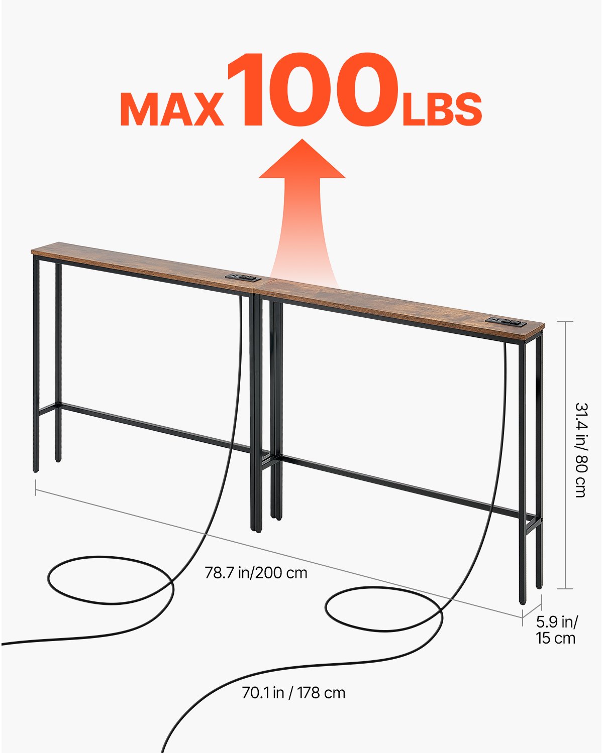 VEVOR Narrow Console Sofa Table, 2 Pieces Behind Couch Table with Power Outlets, 1-Tier Long Entryway Table, Narrow Sofa Table with Metal Frame and Charge Station, for Entryway, Hallway, Living Room