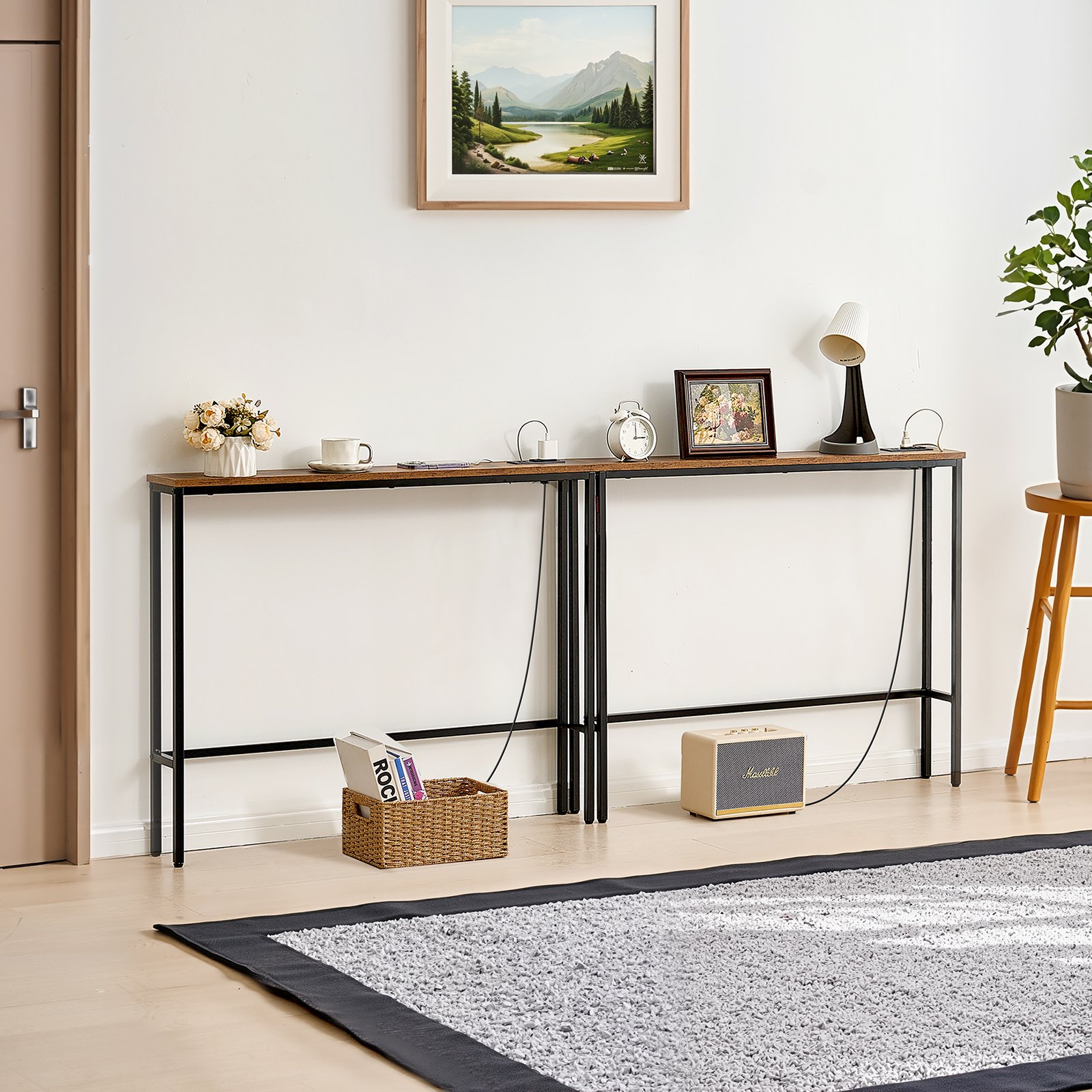 VEVOR Narrow Console Sofa Table, 2 Pieces Behind Couch Table with Power Outlets, 1-Tier Long Entryway Table, Narrow Sofa Table with Metal Frame and Charge Station, for Entryway, Hallway, Living Room