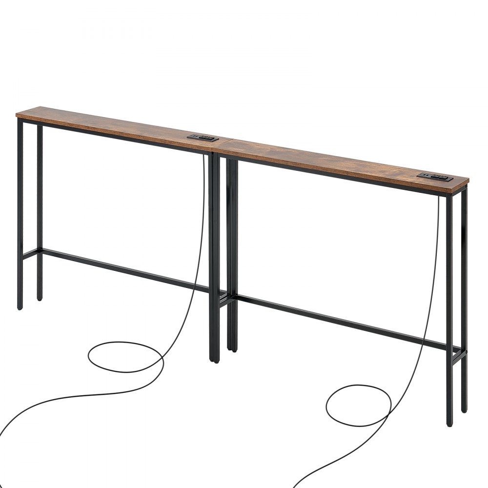 VEVOR Narrow Console Sofa Table, 2 Pieces Behind Couch Table with Power Outlets, 1-Tier Long Entryway Table, Narrow Sofa Table with Metal Frame and Charge Station, for Entryway, Hallway, Living Room